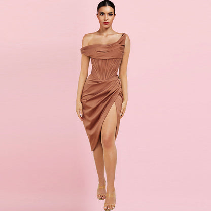 One Shoulder Short Sleeve Asymmetrical Midi Bodycon Dress HI1209