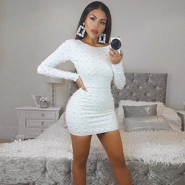 High Neck Long Sleeve Bubble Beads Mini Bandage Dress HL8095