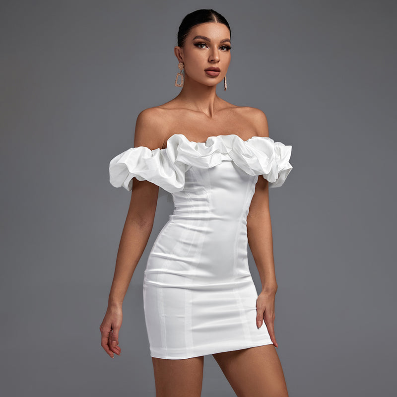 Off Shoulder Short Sleeve Frill Mini Bodycon Dress HL8218