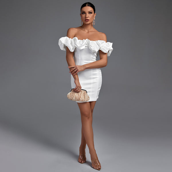 Off Shoulder Short Sleeve Frill Mini Bodycon Dress HL8218