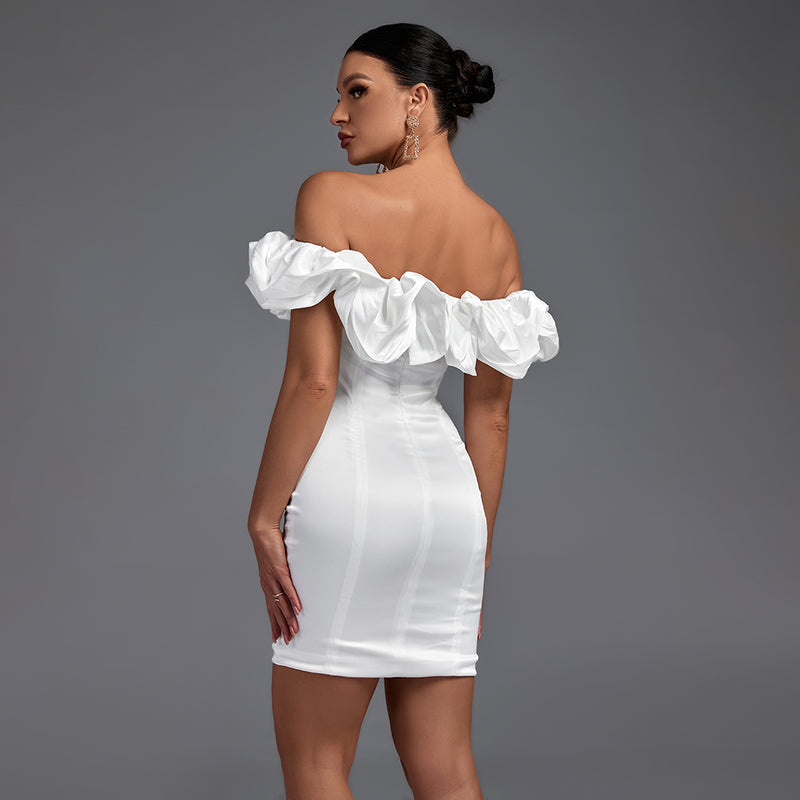 Off Shoulder Short Sleeve Frill Mini Bodycon Dress HL8218