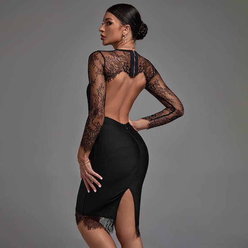 Black Round Neck Long Sleeve Lace Backless Bandage Dress HL8228