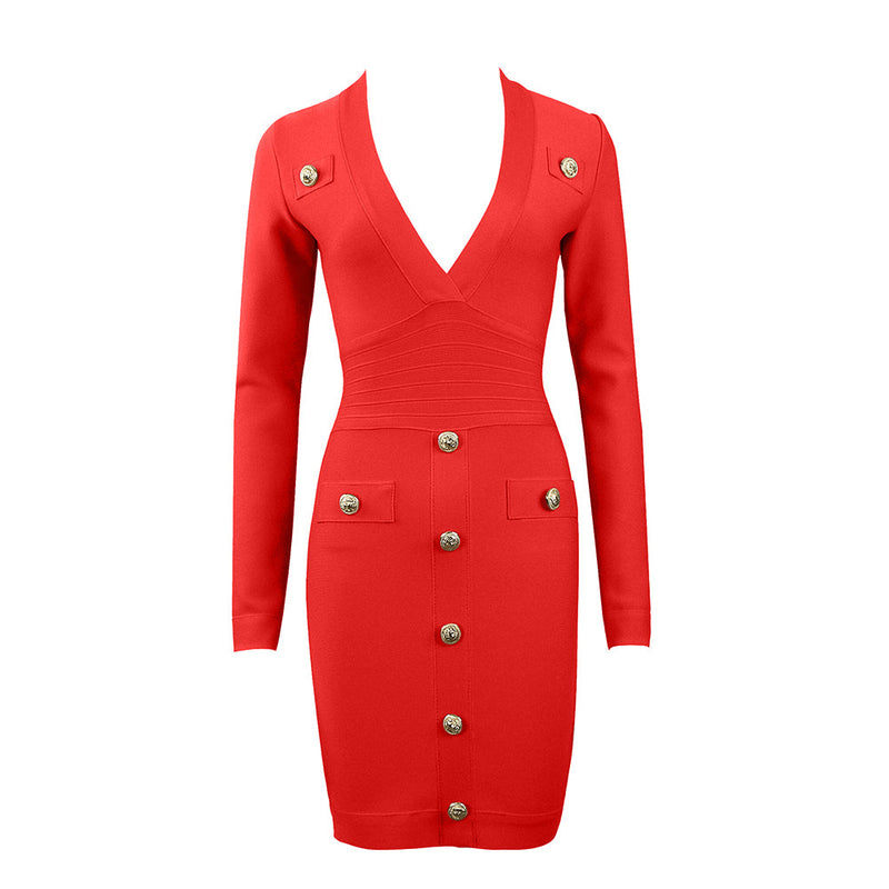 V Neck Long Sleeve Splicing Mini Bandage Dress HL8392