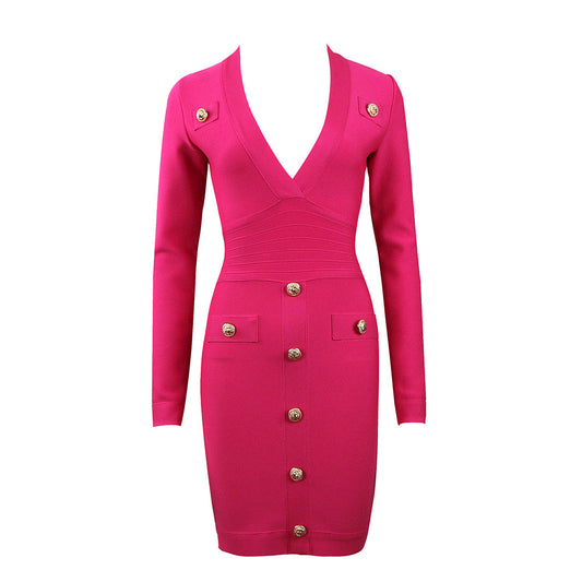 V Neck Long Sleeve Splicing Mini Bandage Dress HL8392
