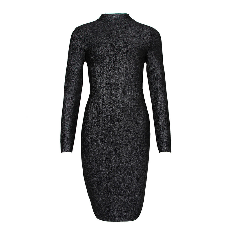 High Neck Long Sleeve Backless Midi Bandage Dress HL8398