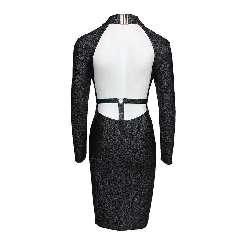 High Neck Long Sleeve Backless Midi Bandage Dress HL8398