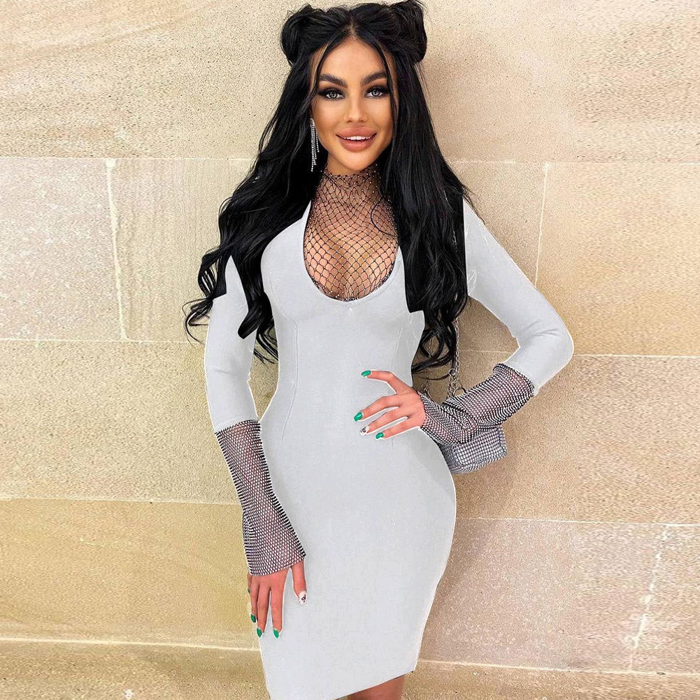Sexy High Neck Long Sleeve Rhinestone Midi Bandage Dress HL8443