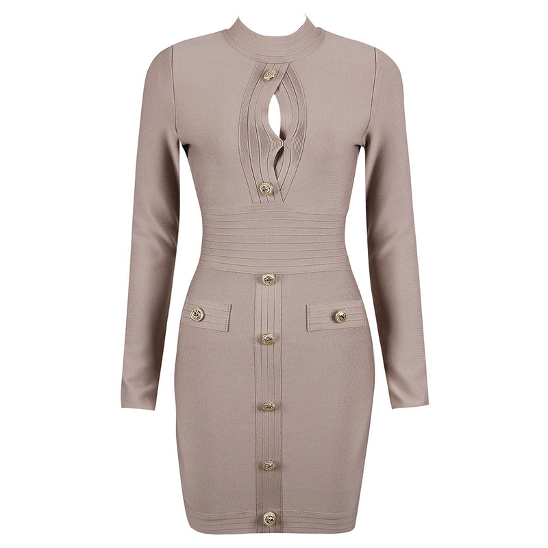 High Neck Long Sleeve Cut Out Mini Bandage Dress HL8589