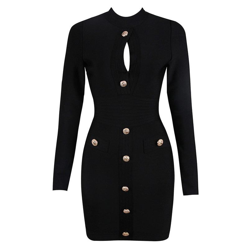 High Neck Long Sleeve Cut Out Mini Bandage Dress HL8589