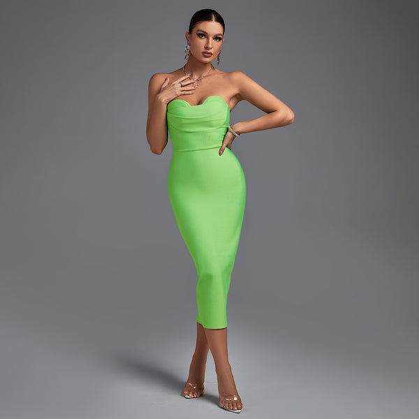 Green Strapless Sleeveless Plain Midi Bandage Dress HL8609