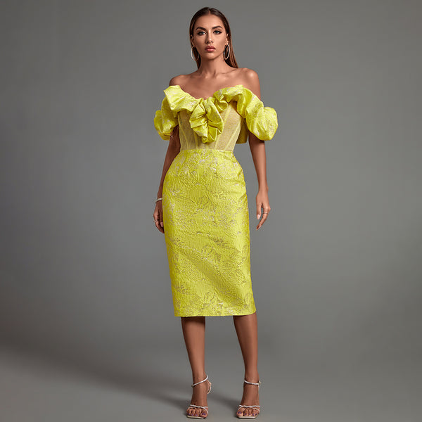 Off Shoulder Pleated Midi Backless Bodycon Dress HL8747