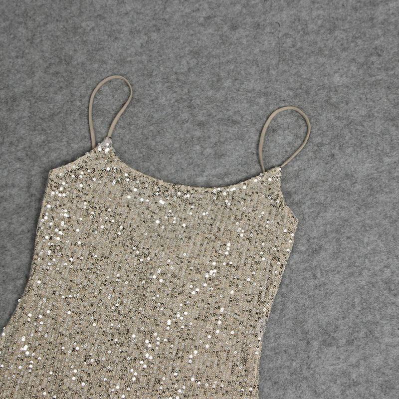 Strappy Sleeveless Sequined Over Knee Bodycon Dress HL9012