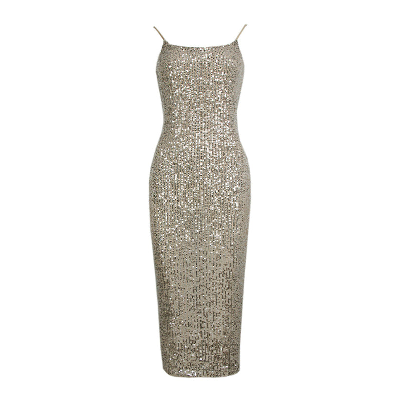 Strappy Sleeveless Sequined Over Knee Bodycon Dress HL9012
