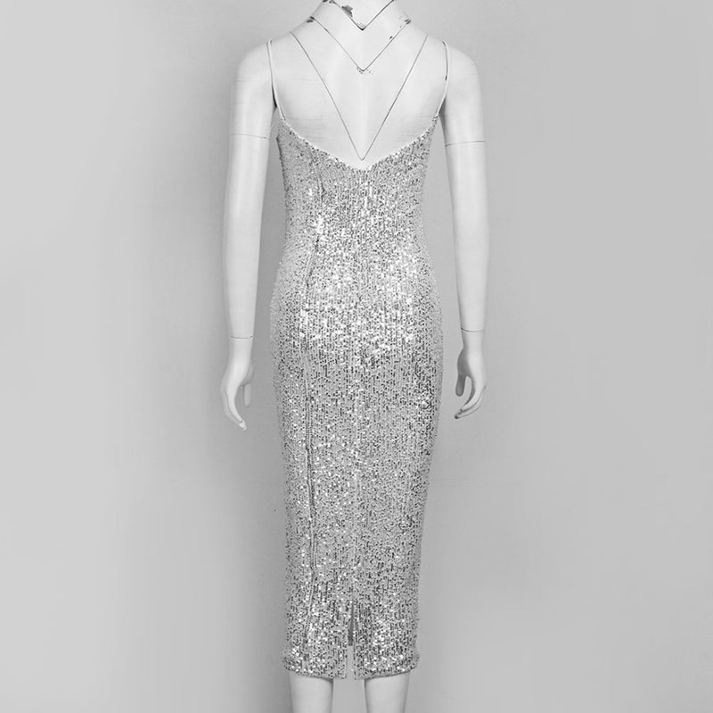 Strappy Sleeveless Sequined Over Knee Bodycon Dress HL9012