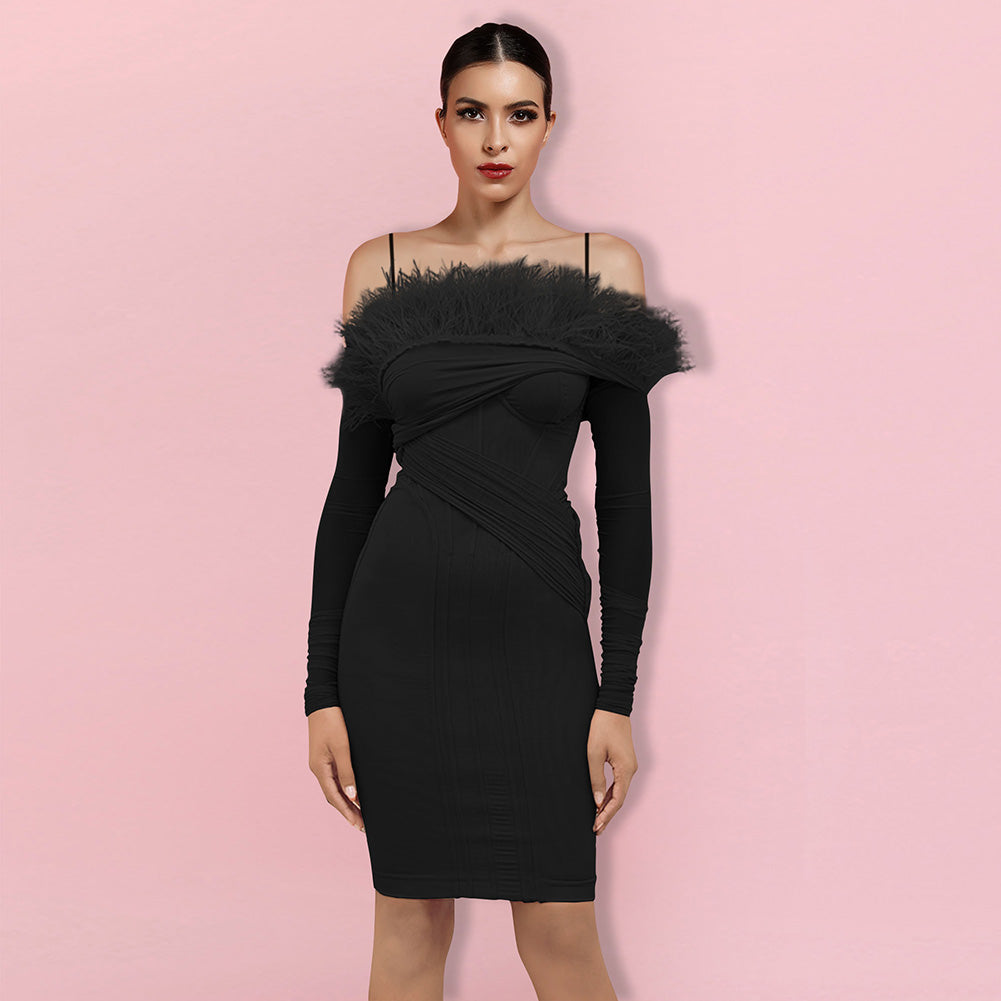 Strappy Long Sleeve Striped Midi Bandage Dress HL9020