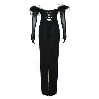 Off Shoulder Long Sleeve Feather Maxi Bandage Dress HL9401