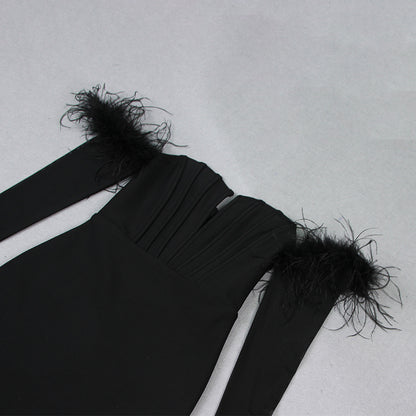 Off Shoulder Long Sleeve Feather Maxi Bandage Dress HL9401