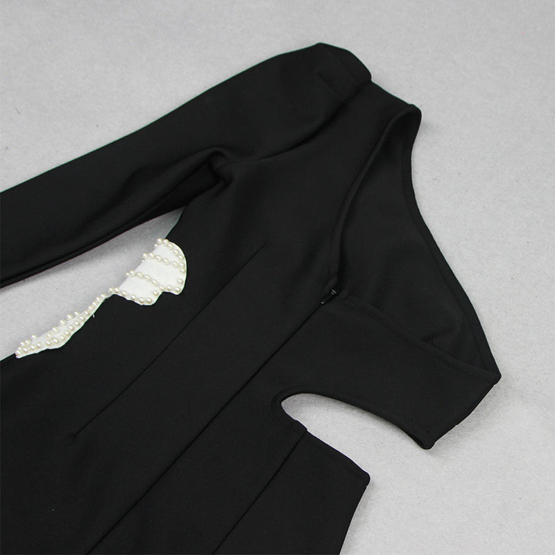 One Shoulder Long Sleeve Pearl Midi Bandage Dress HL9407