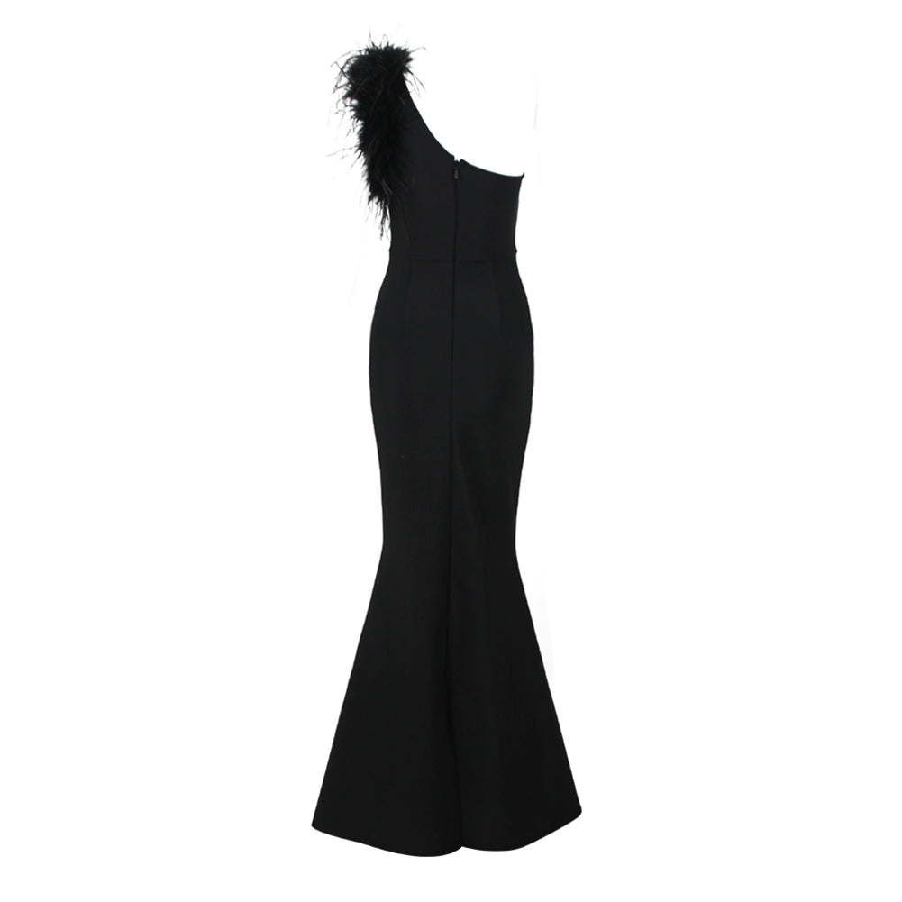 One Shoulder Sleeveless Feather Maxi Bandage Dress HL9447