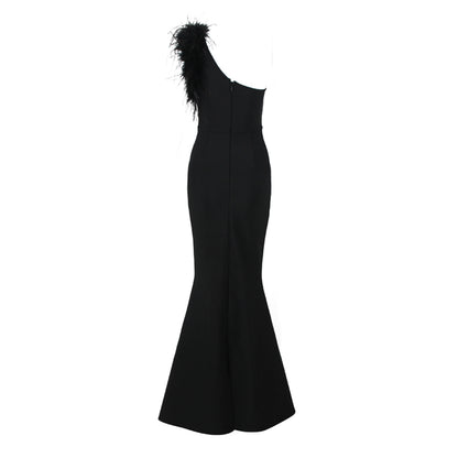 One Shoulder Sleeveless Feather Maxi Bandage Dress HL9447