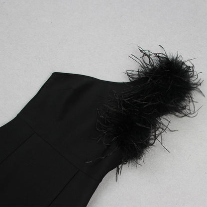 One Shoulder Sleeveless Feather Maxi Bandage Dress HL9447