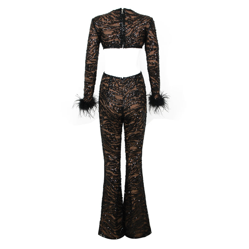 Round Neck Long Sleeve Sequins Bodycon Jumpsuit HL9448
