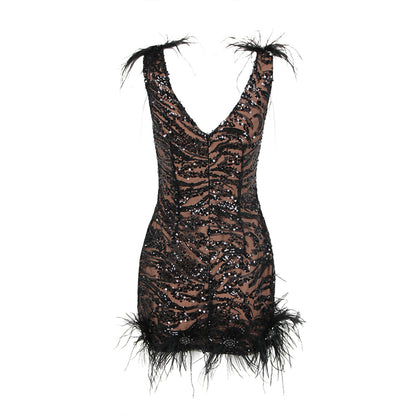 V Neck Sleeveless Sequins Mini Bodycon Dress HL9449
