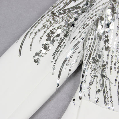 V Neck Long Sleeve Sequins Bodycon Suit HL9450