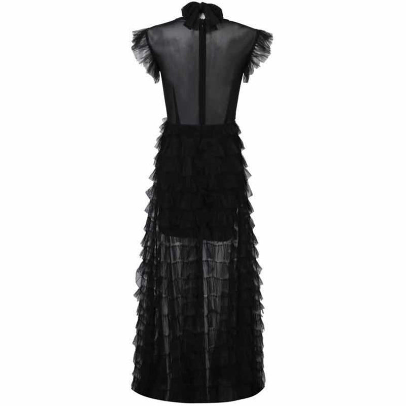 High Neck Short Sleeve Frill Maxi Bodycon Dress HT0916