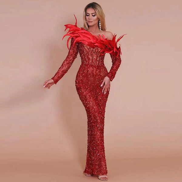 One Shoulder Long Sleeve Sequined Maxi Bodycon Dress HT2665