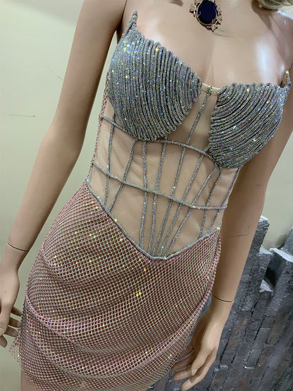 Strapless Sleeveless Rhinestone Mini Bodycon Dress HT3039