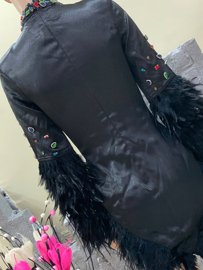High Neck Long Sleeve Feather Mini Bodycon Dress HT873