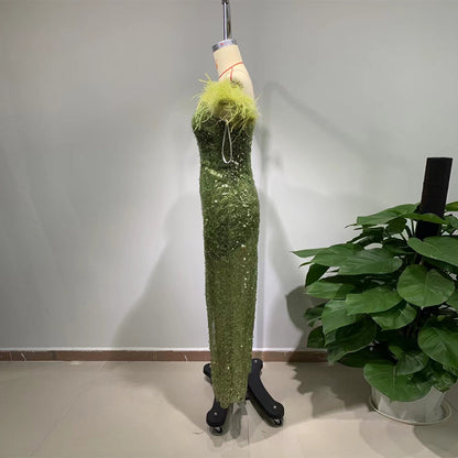 Off Shoulder Sleeveless Sequins Maxi Bodycon Dress HT990