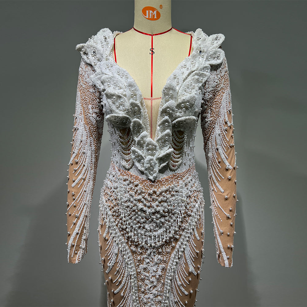 Long Sleeve Pearl Maxi Bodycon Dress HT993