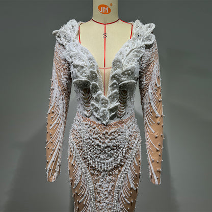 Long Sleeve Pearl Maxi Bodycon Dress HT993
