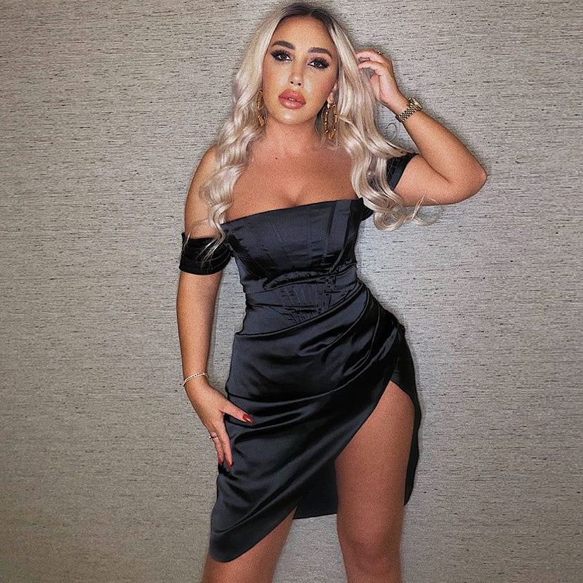Off Shoulder Short Sleeve Wrinkled Over Knee Bodycon Dress HI1116 2 in wolddress