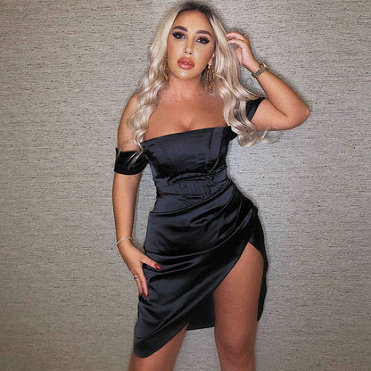 Off Shoulder Short Sleeve Wrinkled Over Knee Bodycon Dress HI1116 2 in wolddress
