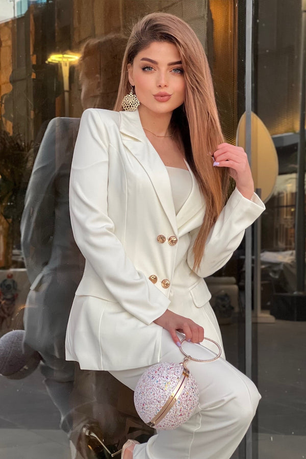White Double Breasted Blazer&Pant Suit KLY428
