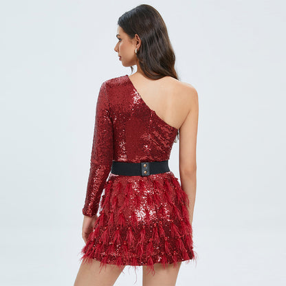One Shoulder Long Sleeve Sequins Mini Dress KLYF1017