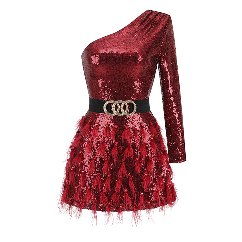 One Shoulder Long Sleeve Sequins Mini Dress KLYF1017