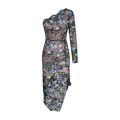 One Shoulder Long Sleeve Sequins Dress KLYF1033