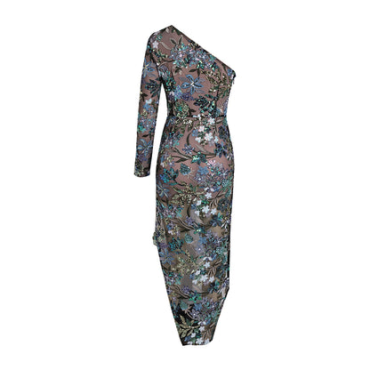 One Shoulder Long Sleeve Sequins Dress KLYF1033