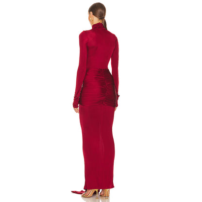 High Neck Long Sleeve Pure Color Maxi Dress KLYF1047