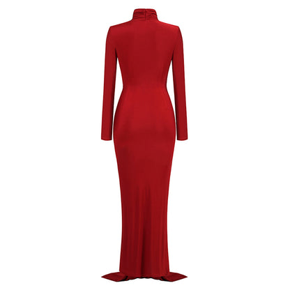 High Neck Long Sleeve Pure Color Maxi Dress KLYF1047