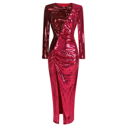 Round Neck Long Sleeve Sequins Maxi Dress KLYF1058