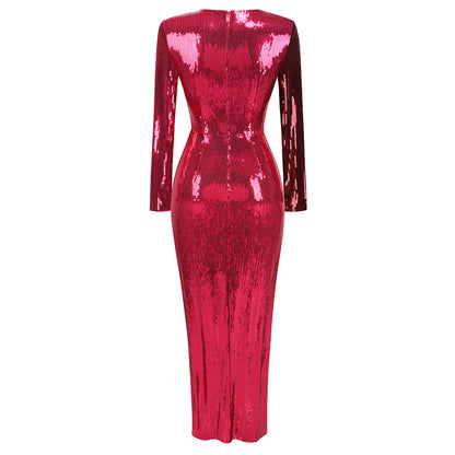 Round Neck Long Sleeve Sequins Maxi Dress KLYF1058