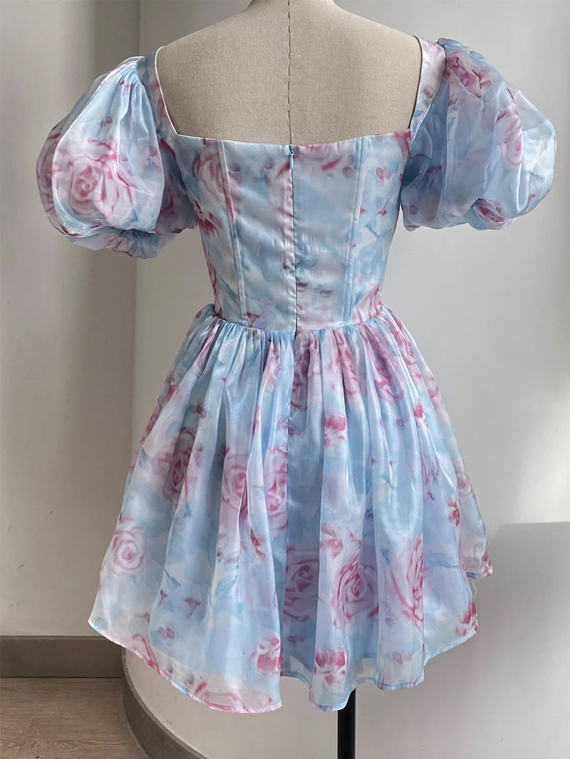 Square Collar Short Sleeve Printed Mini Dress KLYF886