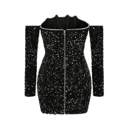Off Shoulder Long Sleeve Sequins Mini Dress LYF889