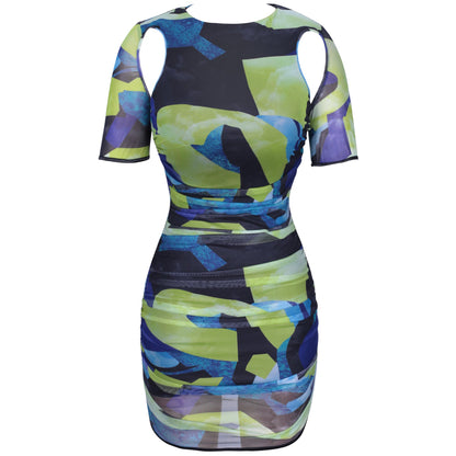 Round Neck Short Sleeve Ruched Mini Bodycon Dress MLS19435