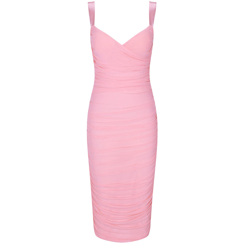 Strappy Sleeveless Wrinkled Over Knee Bodycon Dress FLY19260